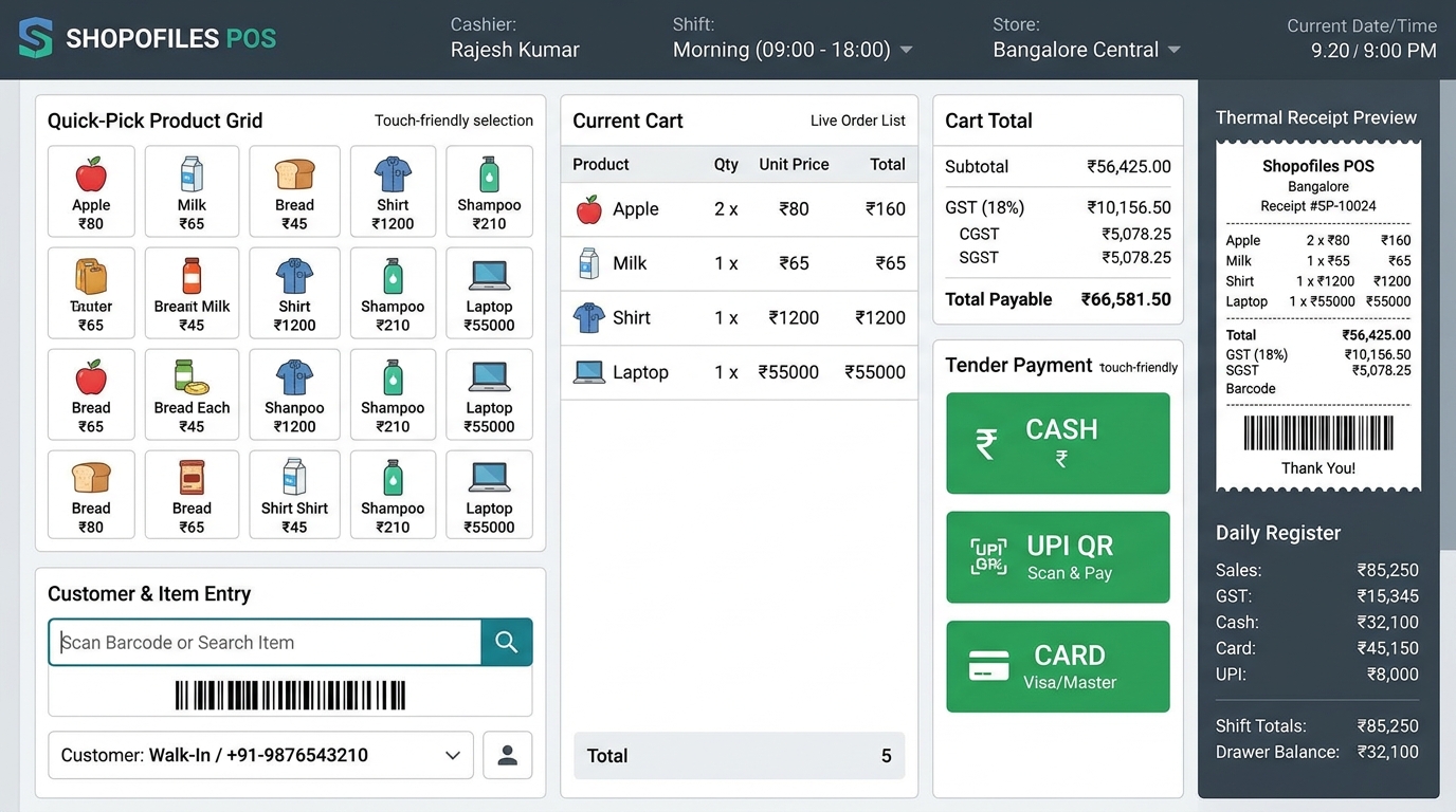 Shopofiles Retail POS and GST Billing Interface